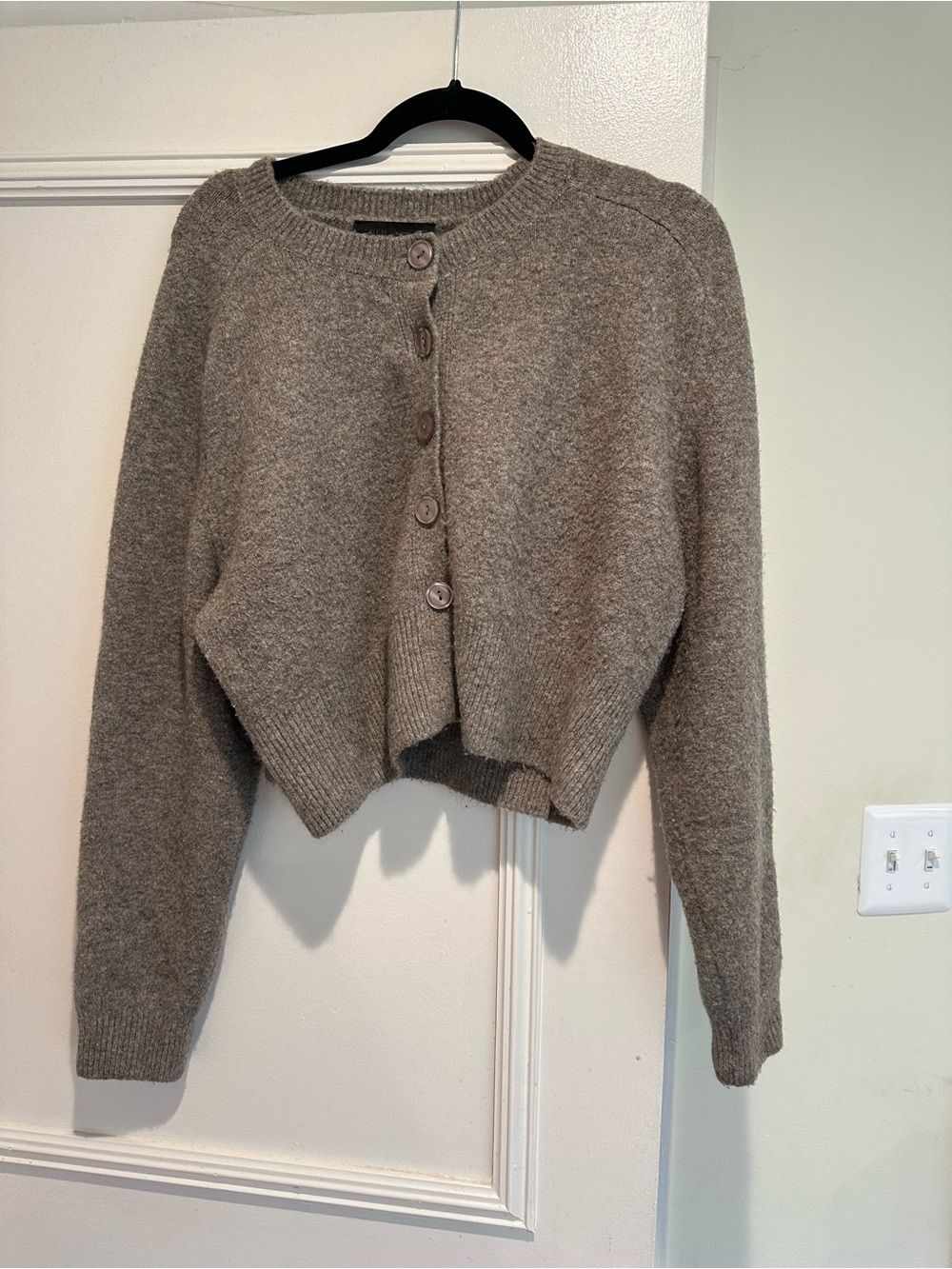 Zara Size L Cropped Crewneck Button-Front Sweater Cardigan - Taupe